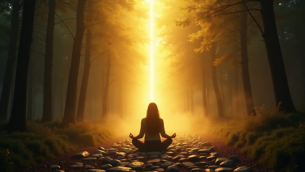 Mulher meditando em caminho de pedras com feixe de luz dourada, representando alinhamento espiritual e conexão com o universo.