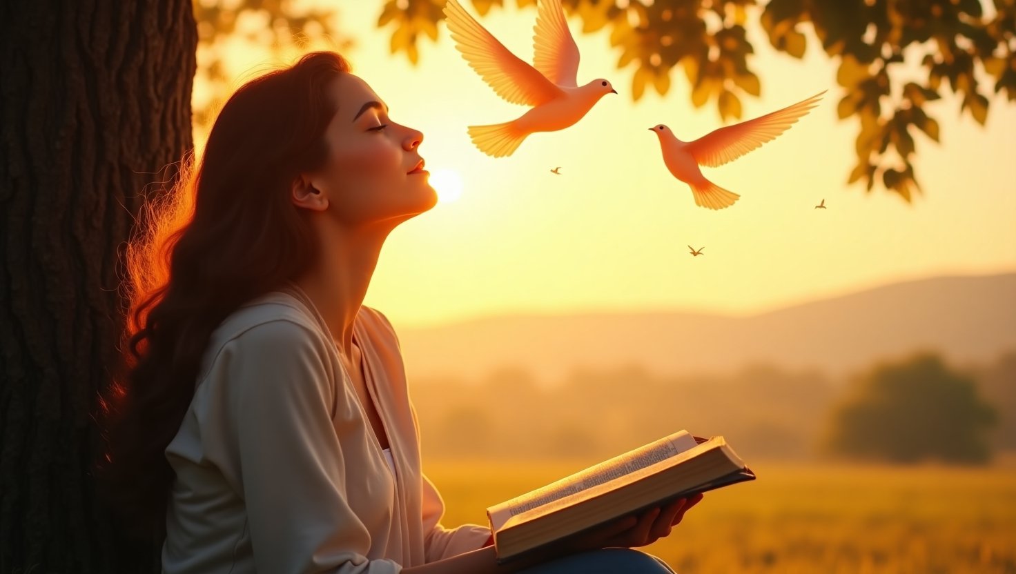 Mulher sentada escorada em uma árvore ao entardecer, com expressão serena de oração, segurando uma Bíblia aberta nas mãos, enquanto duas pombas voam ao seu redor, simbolizando paz e espiritualidade.