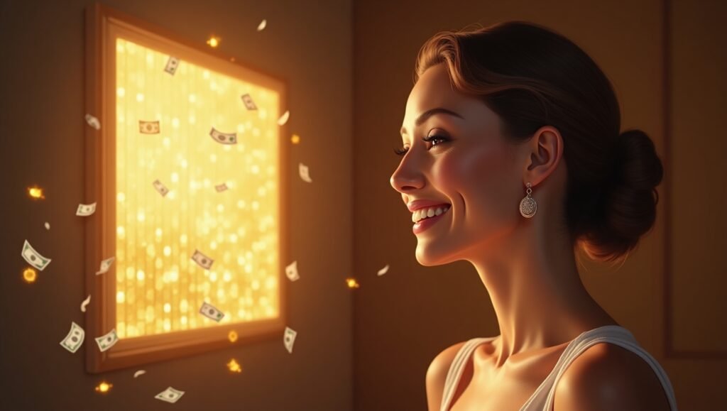 Mulher sorridente observa um quadro de visualização iluminado com símbolos de dinheiro flutuando, representando a prática da Lei da Atração para atrair riqueza e abundância.
