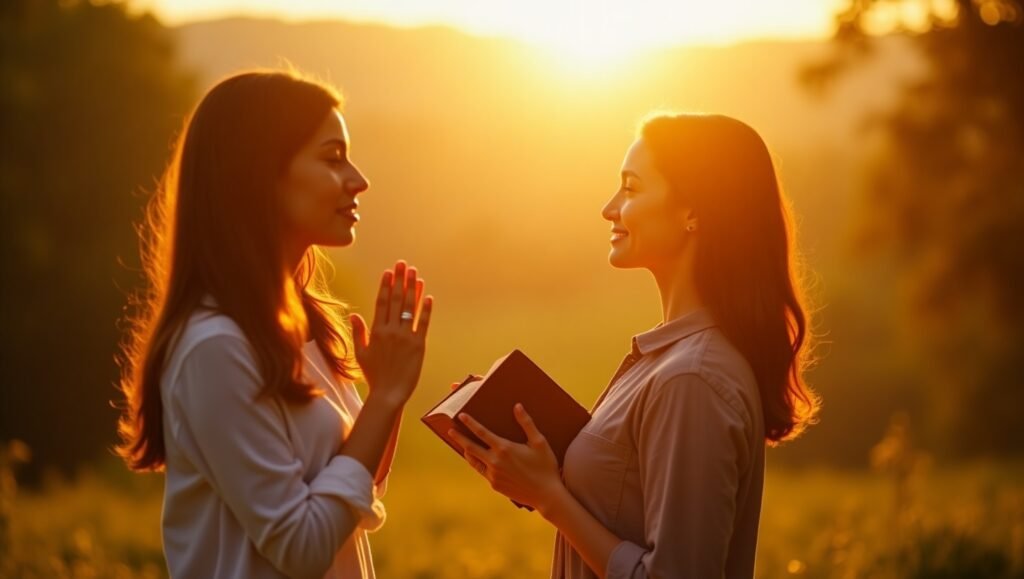 Duas mulheres orando e meditando ao ar livre com livro sagrado ao pôr do sol, simbolizando conexão espiritual e fé