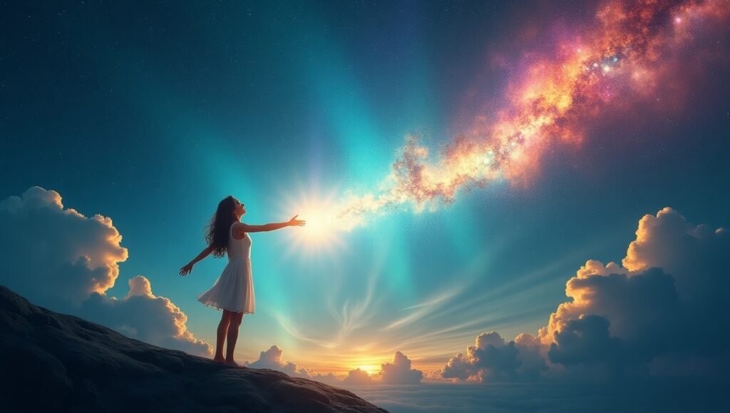 Mulher com braços abertos em uma montanha ao pôr do sol, recebendo um feixe de luz da galáxia, representando conexão espiritual e energia cósmica.Manifestar não é magia.