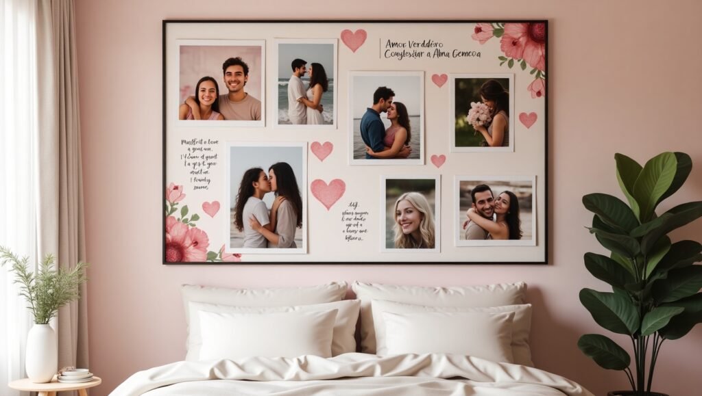 Quadro de visualização sobre amor verdadeiro e alma gêmea, com colagem de fotos de casais felizes, corações e flores, em ambiente de quarto romântico.