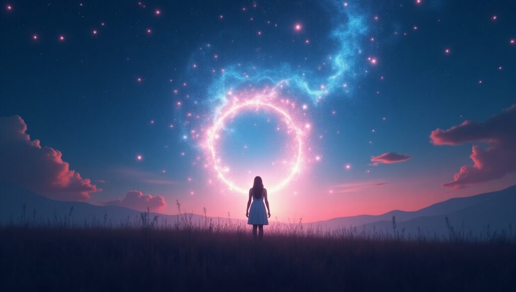 uma figura feminina de costas, em pé diante de um campo ao anoitecer, com um imenso anel de luz brilhante e energética à sua frente, cercado por estrelas e nuvens cor-de-rosa em um céu azul profundo