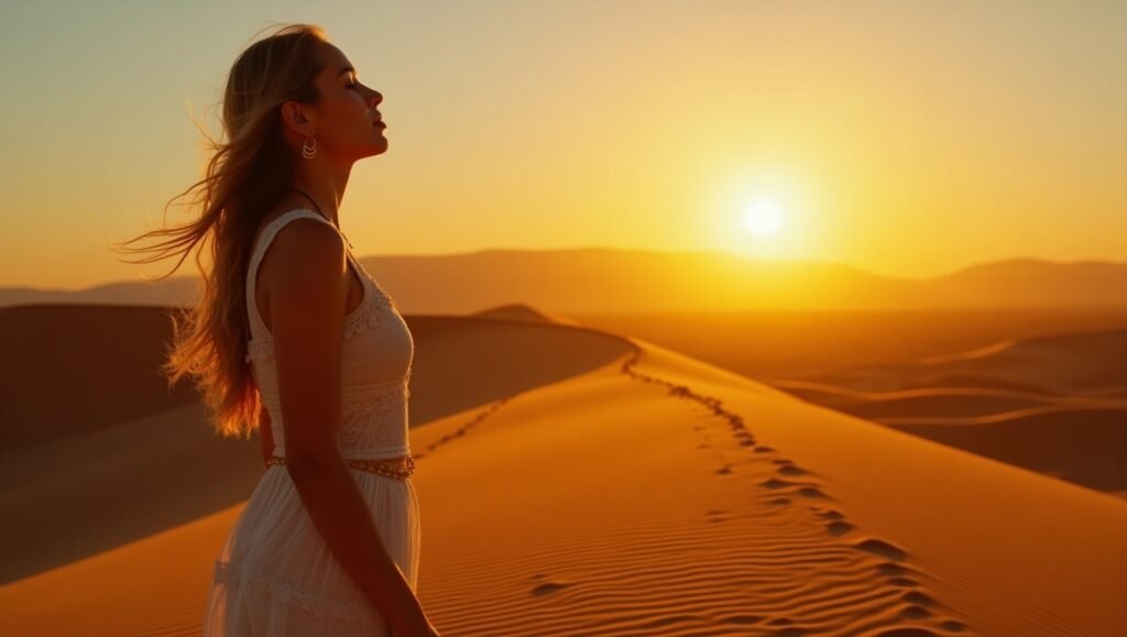 Mulher de olhos fechados em oração no deserto durante o pôr do sol, transmitindo paz interior, fé e conexão espiritual.