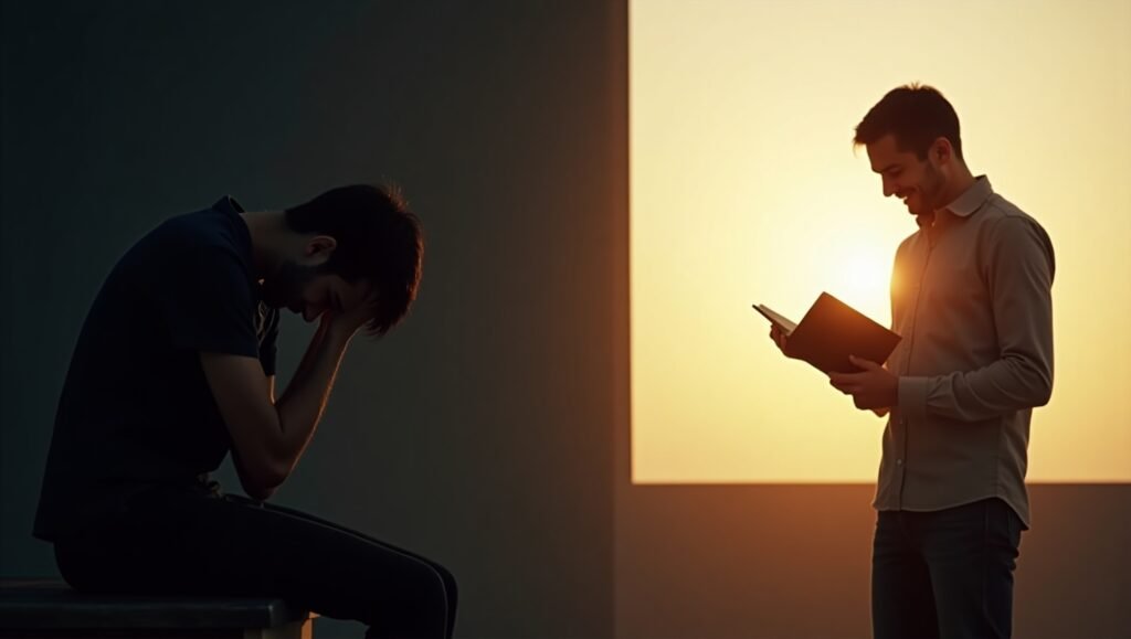 Homem em duas fases da vida: à esquerda, ele está sentado no escuro, cabisbaixo e desesperançoso; à direita, ele aparece em pé ao pôr do sol, sorrindo com uma Bíblia nas mãos, representando fé e transformação espiritual.