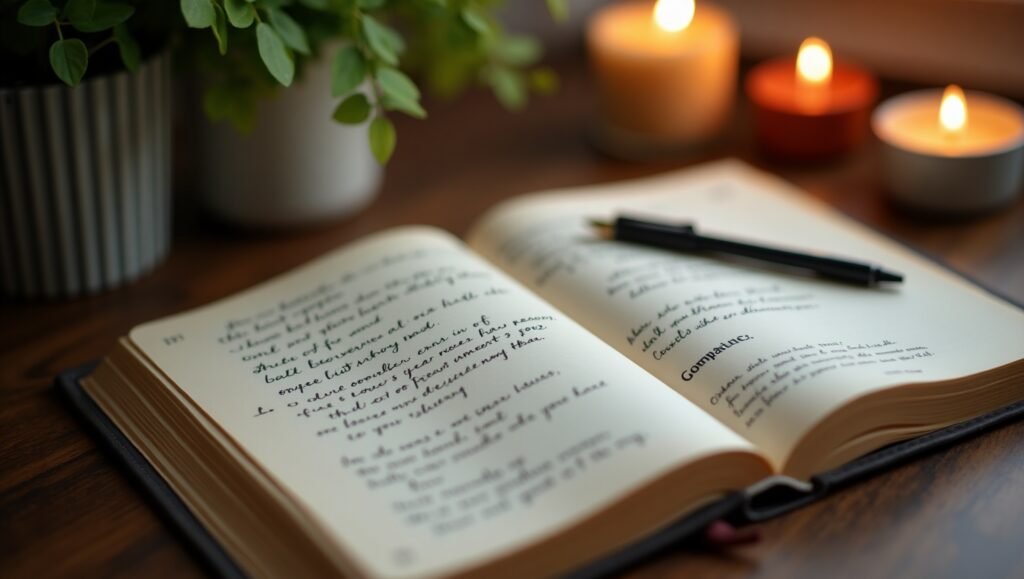 Diário de anotações aberto sobre uma mesa de madeira com escrita manuscrita, ao lado de uma caneta preta, velas acesas e vasos com plantas, criando um ambiente acolhedor e introspectivo.