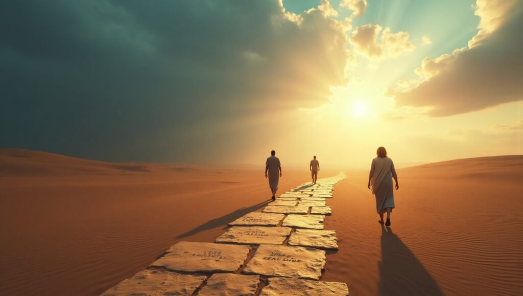  Três pessoas caminhando em pedras alinhadas no deserto, rumo ao pôr do sol com luz celestial.