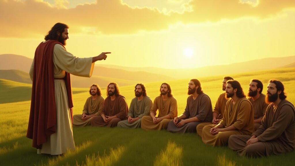 Jesus ensinando seus discípulos sentados em um campo verde ao pôr do sol, em um ambiente de paz e espiritualidade.