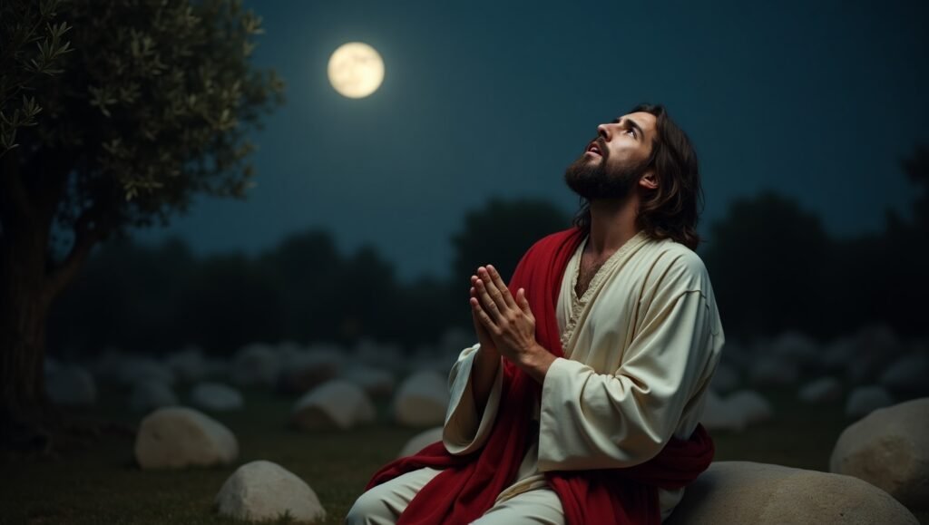 Jesus ajoelhado em oração, olhando para o céu durante a noite, com a lua cheia brilhando ao fundo e cercado por pedras em um jardim tranquilo.