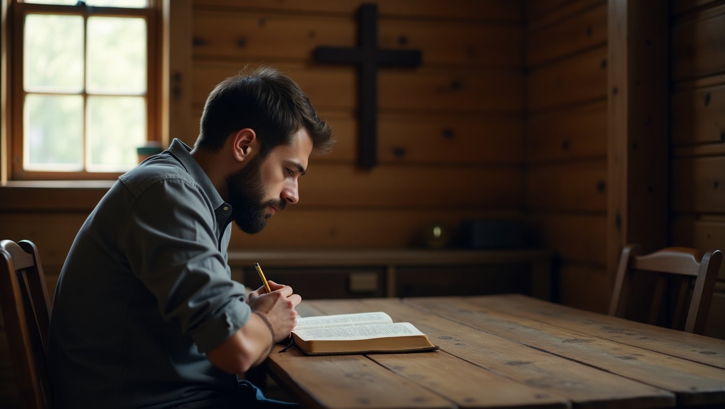 Jovem homem com barba estudando a Bíblia em mesa de madeira, dentro de uma sala rústica com paredes de madeira e uma cruz pendurada na parede ao fundo, simbolizando momento de fé, espiritualidade e rotina devocional cristã.