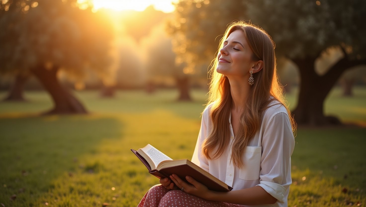 Jovem mulher sorridente sentada em um parque durante o pôr do sol, com os olhos fechados em oração e uma Bíblia aberta nas mãos, transmitindo paz e fé.
