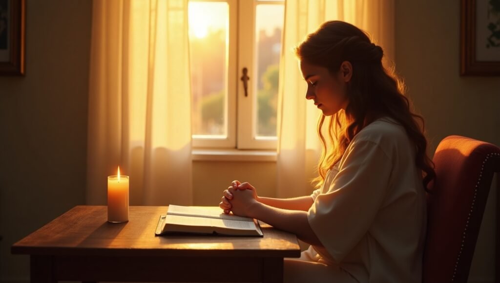 Jovem orando em silêncio diante de uma Bíblia aberta e uma vela acesa, com luz do amanhecer entrando pela janela.
