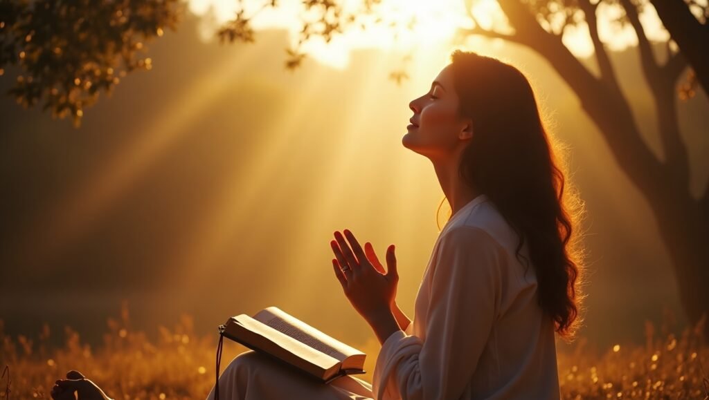 Mulher orando com a Bíblia ao pôr do sol em um campo tranquilo.