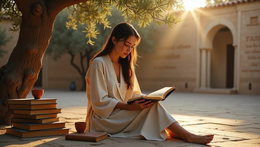 Jovem mulher sentada sob uma árvore lendo um livro, com vários livros empilhados ao lado e luz do pôr do sol iluminando o ambiente, em pátio com arquitetura clássica ao fundo