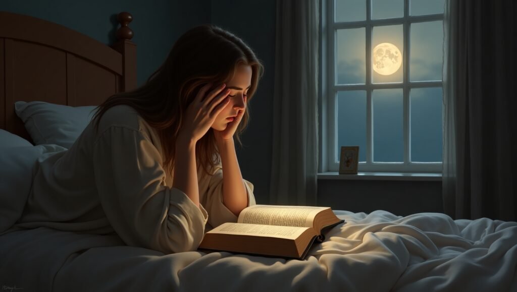 Jovem mulher sentada na cama com expressão de oração, lendo a Bíblia aberta, iluminada pela luz suave do luar que entra pela janela ao fundo.