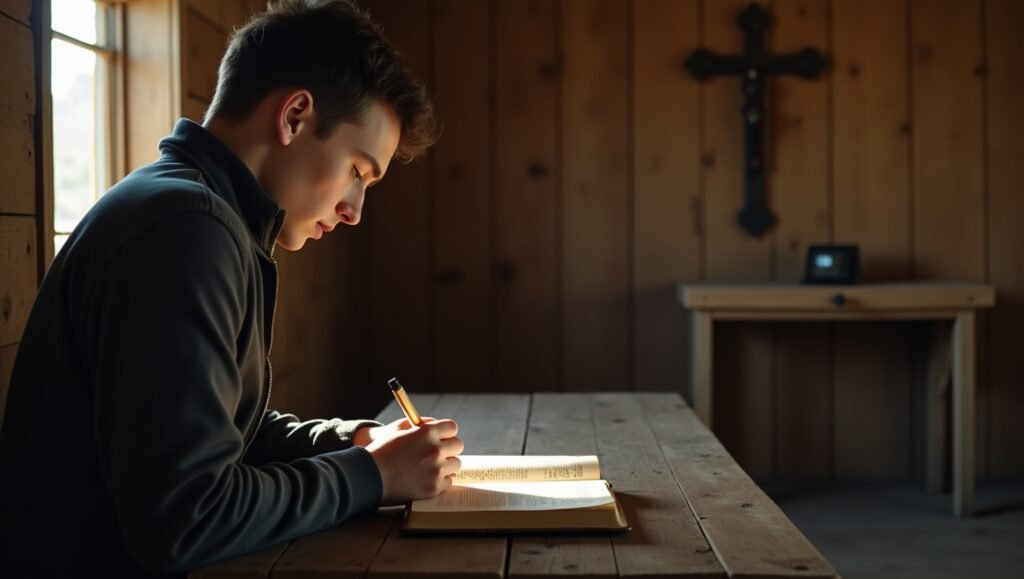 Jovem cristão orando em silêncio com a Bíblia aberta sobre a mesa, em ambiente de madeira com cruz na parede.