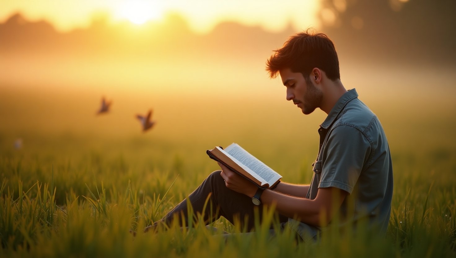 Jovem sentado em um campo de grama verde durante o nascer do sol, segurando e lendo uma Bíblia com expressão de concentração e paz.