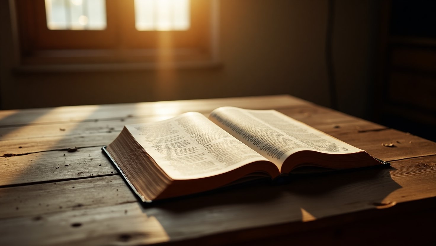 Bíblia aberta no livro de Salmos sobre mesa de madeira rústica, iluminada pela luz suave do amanhecer que entra pela janela ao fundo.