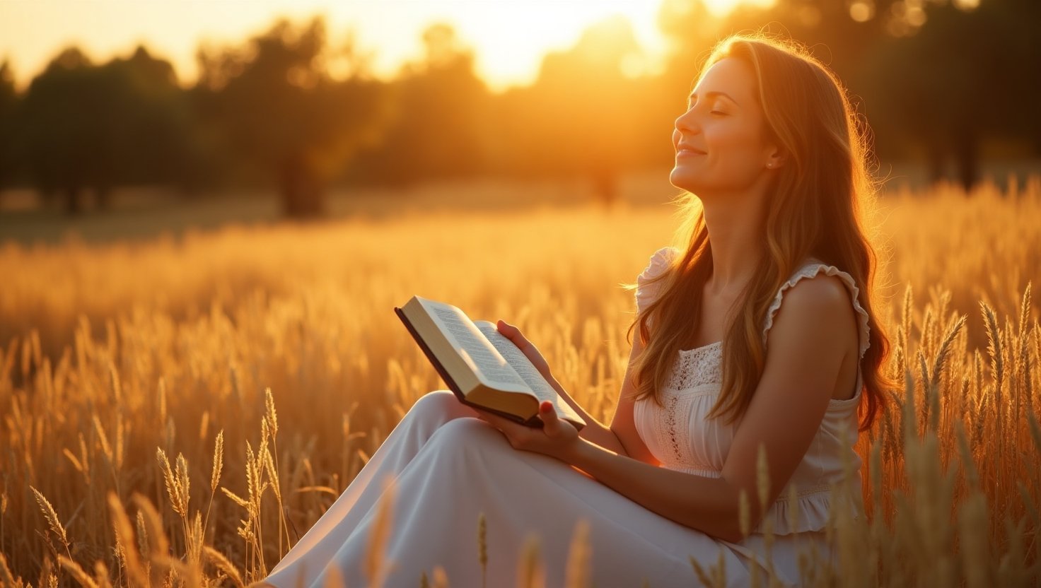 Mulher jovem lendo a Bíblia em campo de trigo ao pôr do sol, vestida de branco, transmitindo serenidade e espiritualidade.
