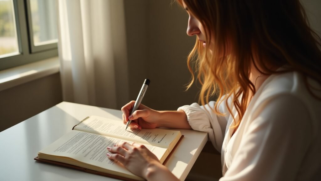 Mulher jovem sentada à mesa, escrevendo em um livro aberto sob luz natural, refletindo e estudando a Lei da Atração.