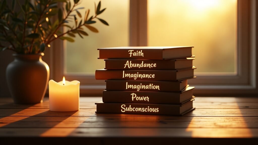 Pilha de livros com palavras inspiradoras como fé, abundância, imaginação e poder empilhados sobre mesa de madeira ao pôr do sol, com vela acesa e vaso decorativo ao lado da janela
