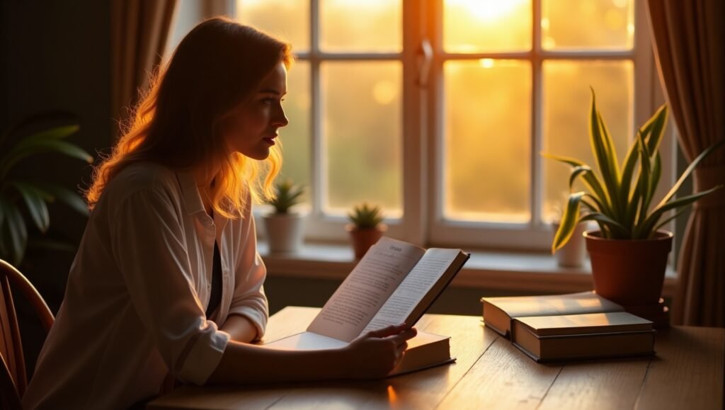 Mulher lendo a Bíblia ao amanhecer perto de uma janela, com livros e plantas sobre a mesa.