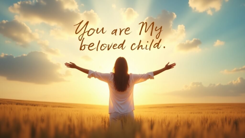 Mulher cristã de braços abertos em um campo dourado, olhando para o céu iluminado ao amanhecer, com a frase “You are My beloved child” escrita nas nuvens, simbolizando a identidade espiritual e o amor de Deus.