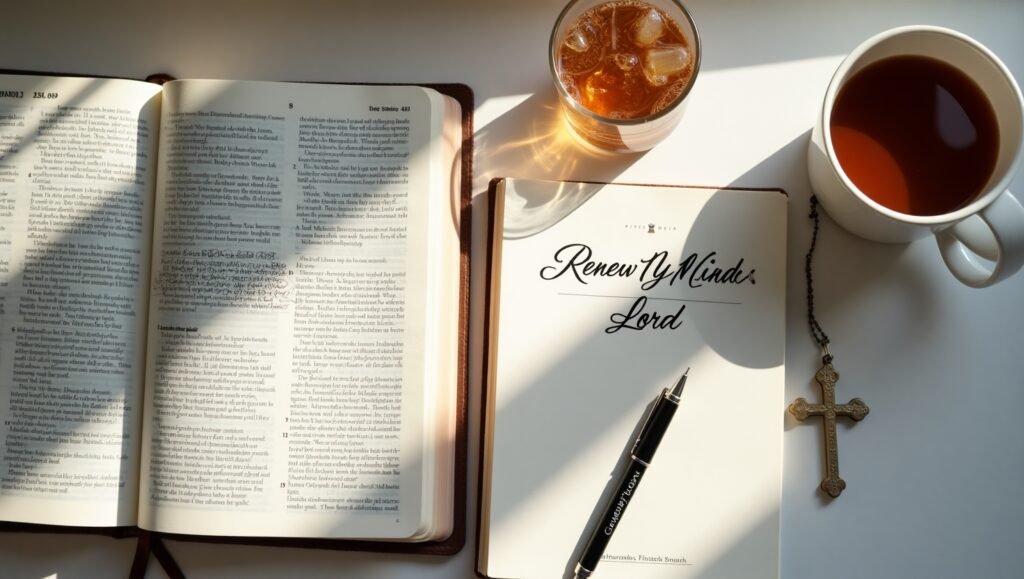 Bíblia aberta com anotações ao lado de caderno devocional, crucifixo, chá e copo com bebida sobre mesa iluminada pela luz do sol.