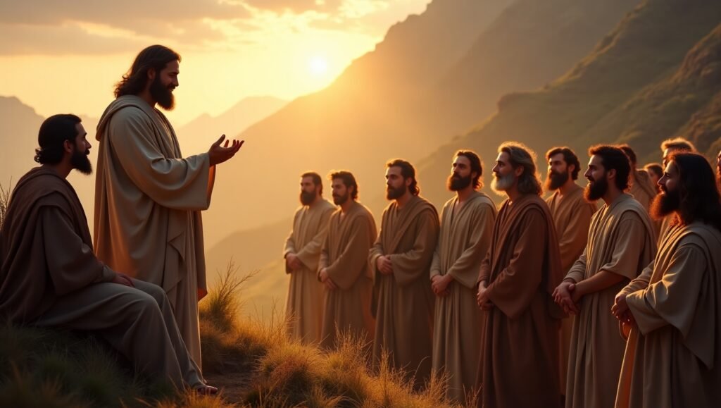 Jesus Cristo pregando ao ar livre rodeado por seus discípulos atentos, em meio a montanhas ao pôr do sol, representando ensinamentos espirituais e comunhão.