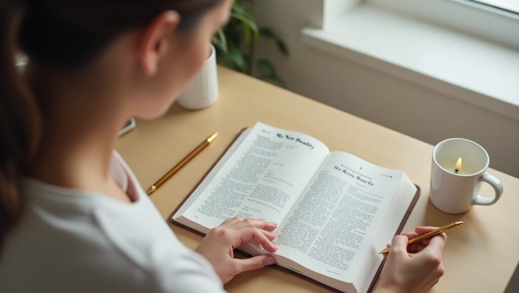 Mulher jovem lendo um livro sobre a Lei da Atração, sentada à mesa com uma caneta dourada na mão, ao lado de uma vela acesa em uma caneca branca.