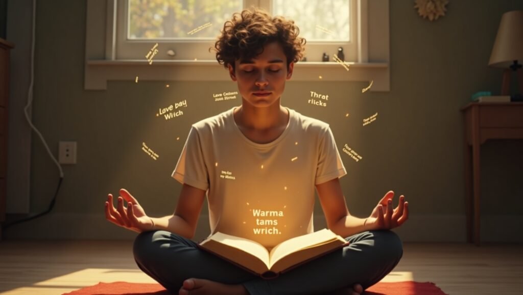 Jovem orando com a Bíblia aberta no colo, enquanto palavras da Bíblia flutuam ao seu redor em ambiente tranquilo, representando fé e meditação cristã.