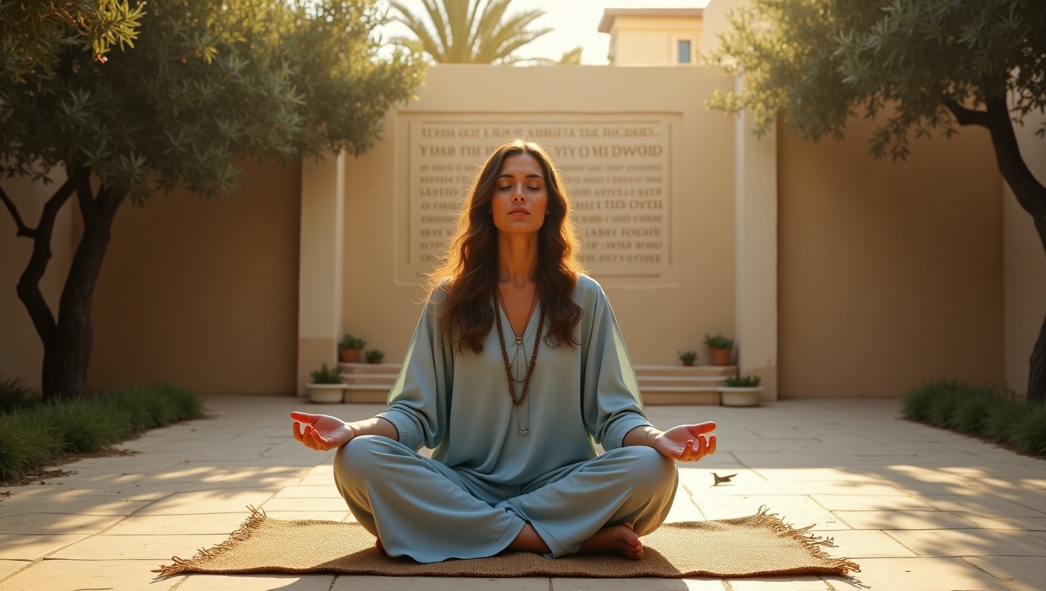 Jovem mulher meditando ao ar livre em quintal ensolarado cercado por árvores, em posição de lótus com olhos fechados, expressão serena e colar de contas, representando paz interior, equilíbrio espiritual e mindfulness