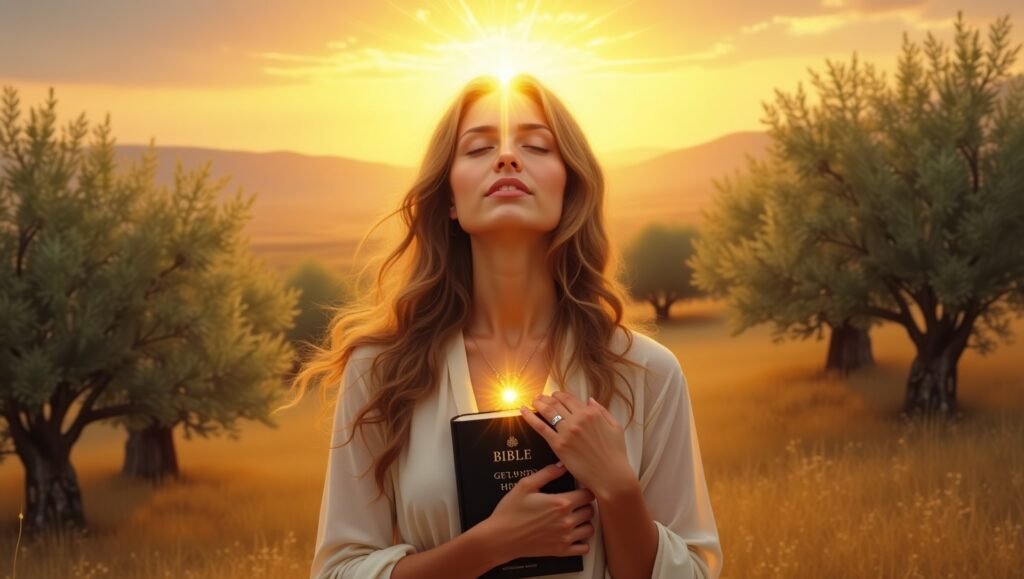 Jovem orando com a Bíblia nas mãos ao pôr do sol em meio a oliveiras, representando fé, paz e espiritualidade cristã.