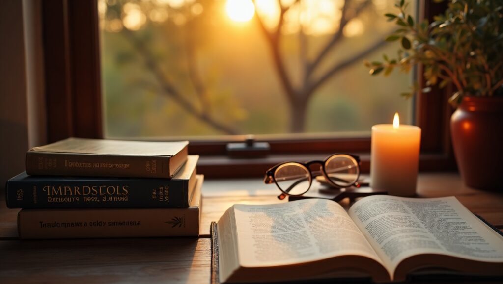 Mesa de madeira ao pôr do sol com livros empilhados, um livro aberto em destaque, óculos de leitura e vela acesa. Ao fundo, uma janela revela uma paisagem com árvores e luz dourada suave, transmitindo ambiente de estudo espiritual e contemplação.”