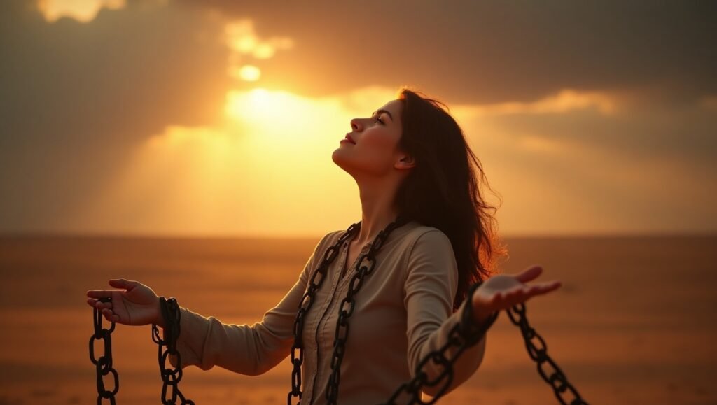 Mulher cristã no deserto ao pôr do sol, com correntes quebrando ao redor do corpo, simbolizando a libertação da escassez mental pela fé.