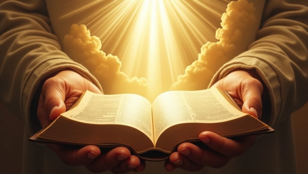 Pessoa segurando um diário de anotações ou livro sagrado aberto em suas mãos, com feixes intensos de luz dourada descendo do céu entre nuvens, simbolizando revelação divina, fé e espiritualidade profunda.