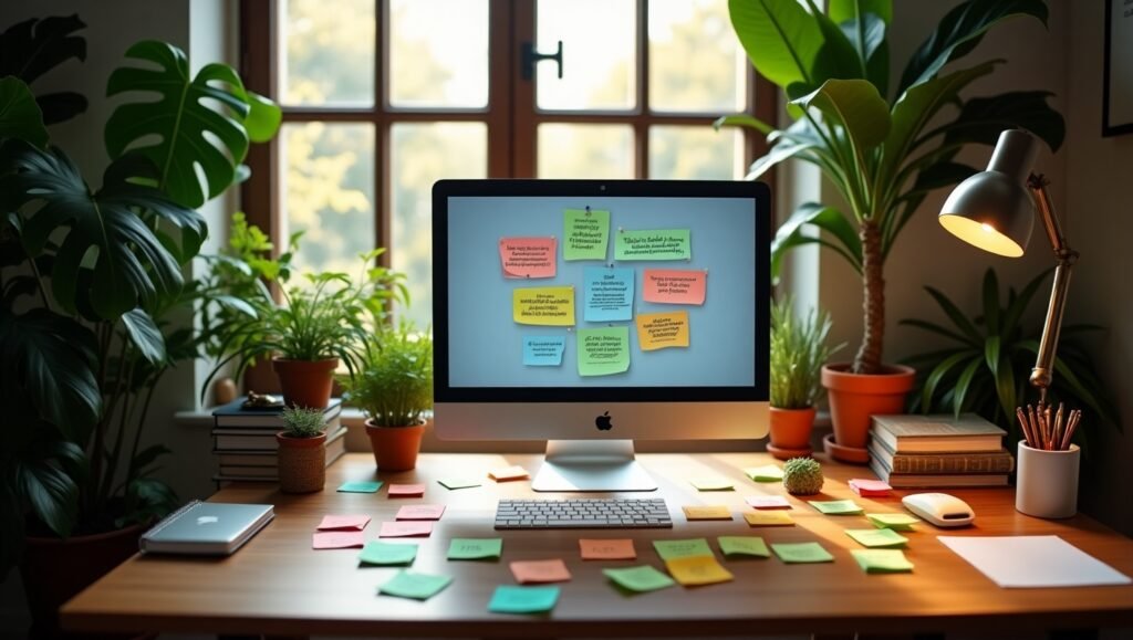 Mesa de trabalho com iMac, post-its coloridos com frases positivas, plantas ao redor e luz natural ao fundo.