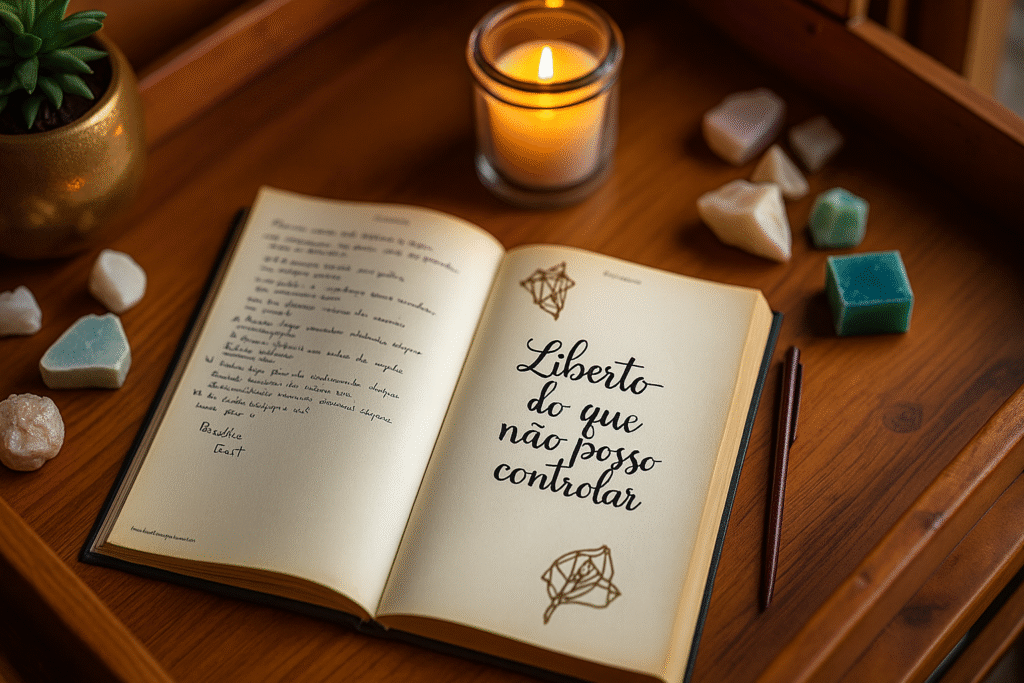 Caderno aberto sobre uma bandeja de madeira, com a frase "Liberto do que não posso controlar" escrita em caligrafia elegante na página da direita. Ao redor, há cristais, uma vela acesa, um vaso dourado com suculenta e uma caneta, compondo um ambiente acolhedor e espiritual.