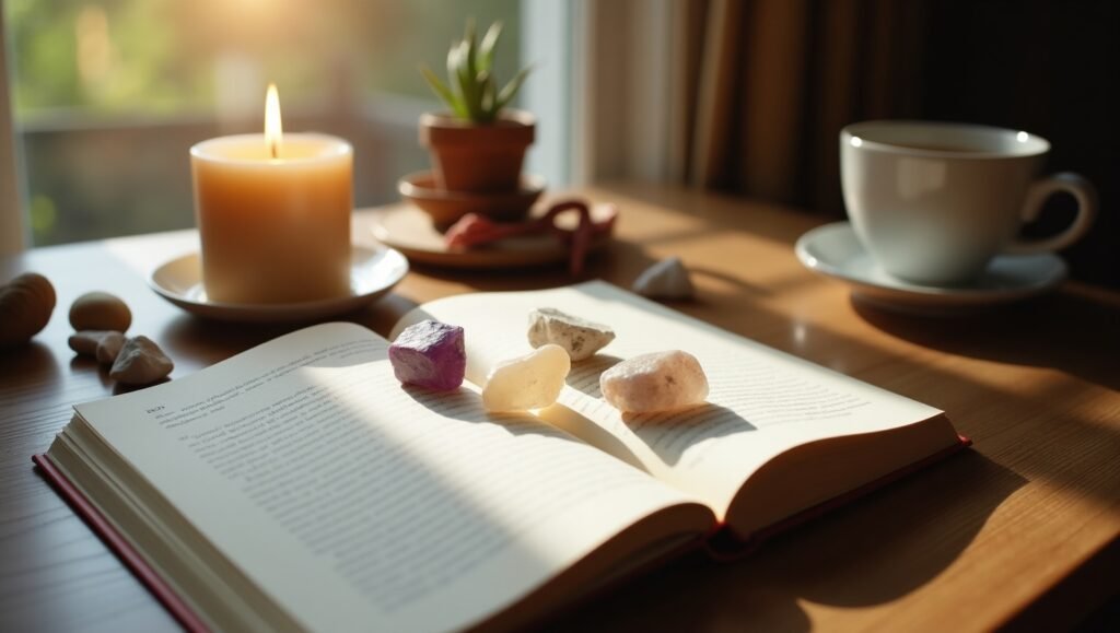 Diário de manifestação aberto sobre a mesa, com cristais coloridos apoiados nas páginas, vela acesa ao lado, xícara de chá e vaso de planta ao fundo, em um ambiente iluminado pela luz suave do pôr do sol.