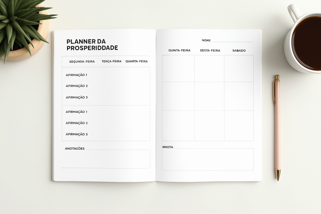Planner da prosperidade em português com layout semanal aberto sobre uma mesa branca. À esquerda, colunas para afirmações diárias de segunda a quarta-feira, e à direita, espaço para os dias restantes, nome do usuário e anotações. Ao redor, há uma caneca de café, uma caneta rosa dourada e uma suculenta em vaso de madeira, compondo uma cena organizada e inspiradora.