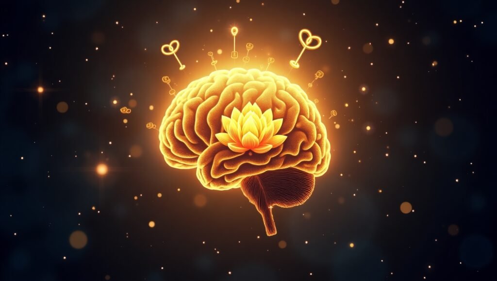 Ilustração de um cérebro humano brilhando em tons dourados, com uma flor de lótus luminosa no centro, simbolizando clareza mental e espiritualidade. Ao redor do cérebro flutuam várias chaves douradas, representando o desbloqueio do conhecimento e da sabedoria, tudo sobre um fundo escuro com partículas brilhantes.
