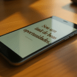 Smartphone apoiado sobre uma mesa de madeira, com a tela exibindo a frase motivacional 'Sou um ímã de boas oportunidades.' em letras marrons escuras. A luz do sol ilumina suavemente o ambiente, criando um clima acolhedor e inspirador