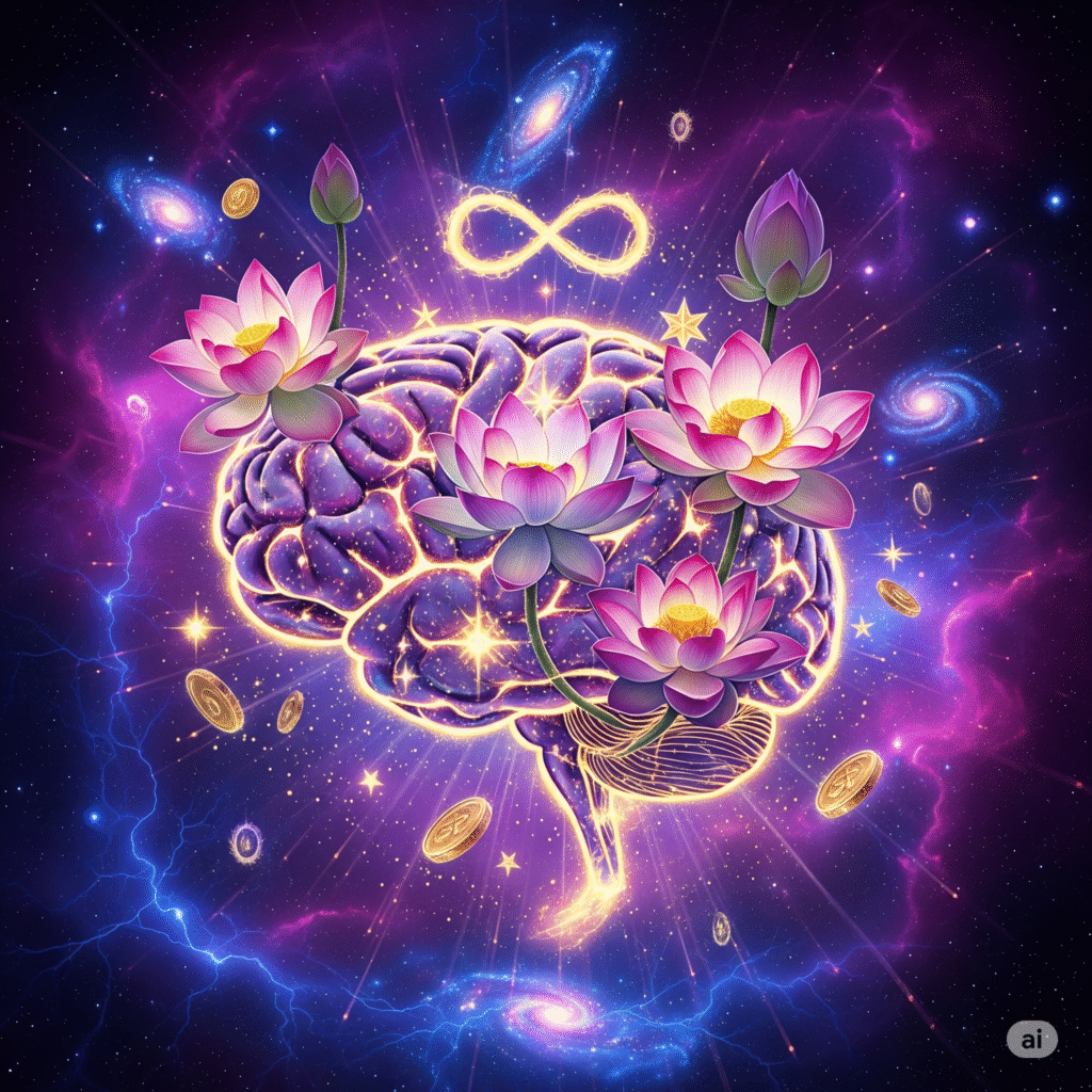 "Ilustração cósmica de um cérebro humano em tons roxos e dourados, com flores de lótus desabrochando em sua superfície. O fundo é um universo estrelado com galáxias, moedas flutuantes e o símbolo do infinito brilhando acima do cérebro, representando expansão da consciência, abundância e espiritualidade.