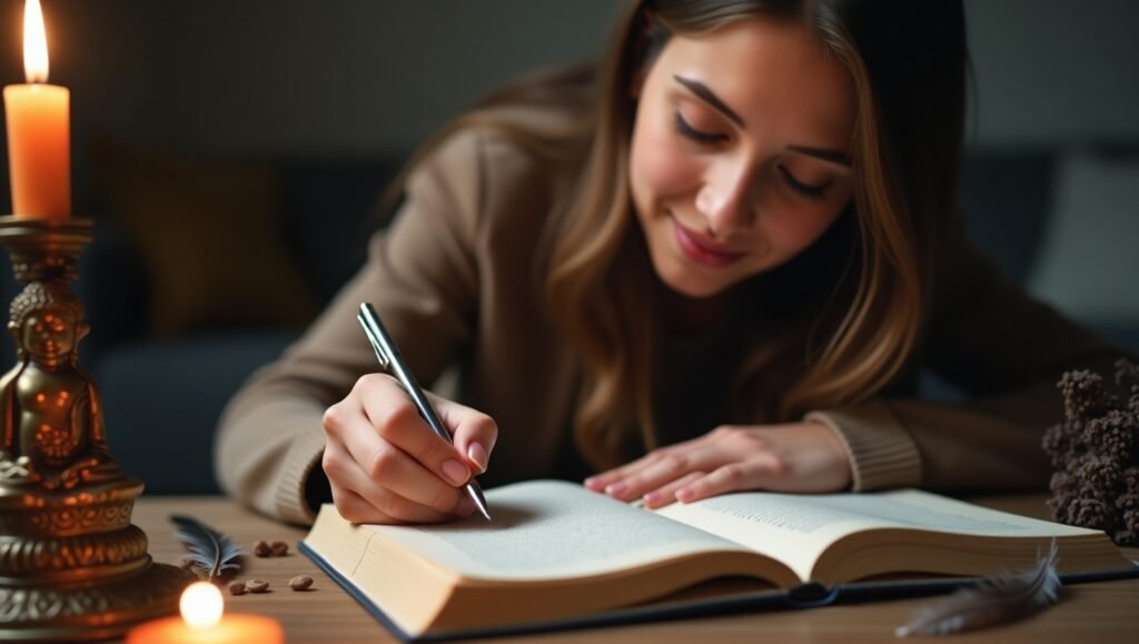 Jovem sorridente escreve em um diário de manifestação, sentada à mesa iluminada por velas, com uma estátua de Buda e penas decorativas ao redor, criando uma atmosfera acolhedora e espiritual.