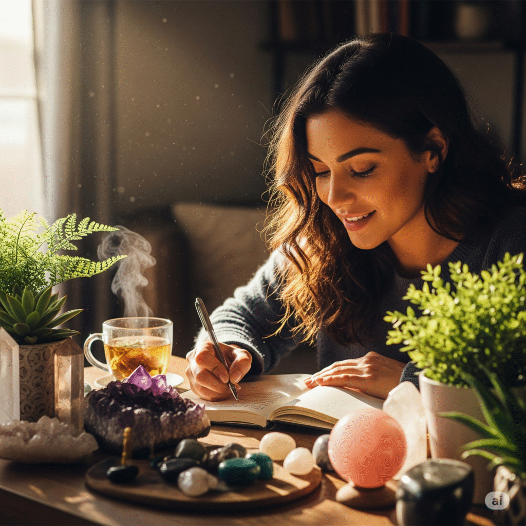 Jovem sorridente escrevendo em um diário em uma mesa decorada com cristais, plantas e uma xícara de chá fumegante. A luz suave do sol entra pela janela, criando um ambiente acolhedor e tranquilo, ideal para práticas de autocuidado e afirmações positivas.