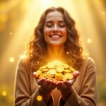 Mulher jovem sorridente segurando um monte de moedas douradas nas mãos, envolta por feixes de luz dourada que descem do céu, em um ambiente natural e mágico, transmitindo a energia da abundância, prosperidade e realização.