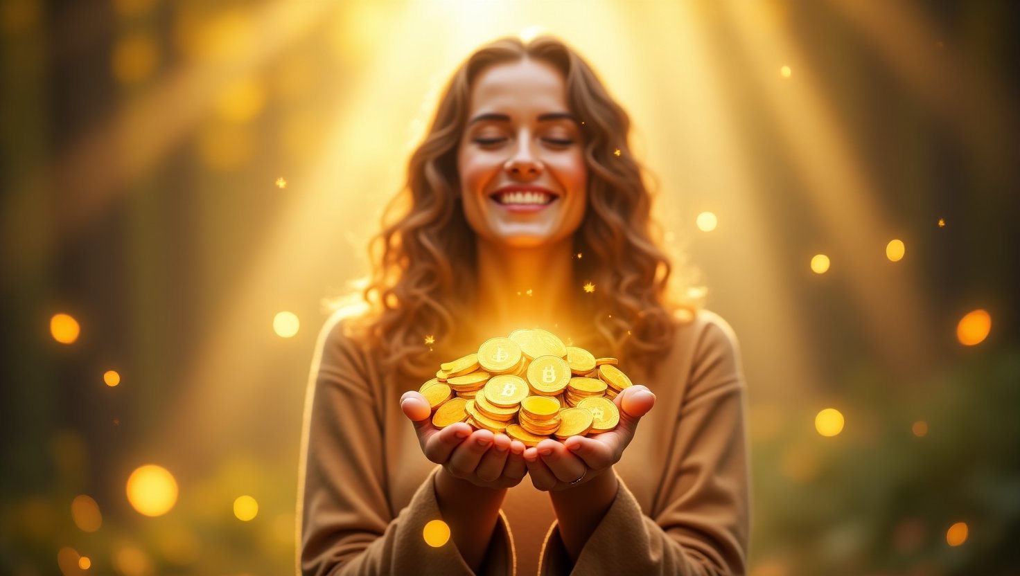Mulher jovem sorridente segurando um monte de moedas douradas nas mãos, envolta por feixes de luz dourada que descem do céu, em um ambiente natural e mágico, transmitindo a energia da abundância, prosperidade e realização.