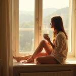 Mulher jovem sentada em uma ampla janela iluminada pelo sol, segurando uma xícara com as duas mãos, olhando pensativa para fora. A cena transmite calma, contemplação e aconchego, com cortinas claras e luz suave do amanhecer ou entardecer.