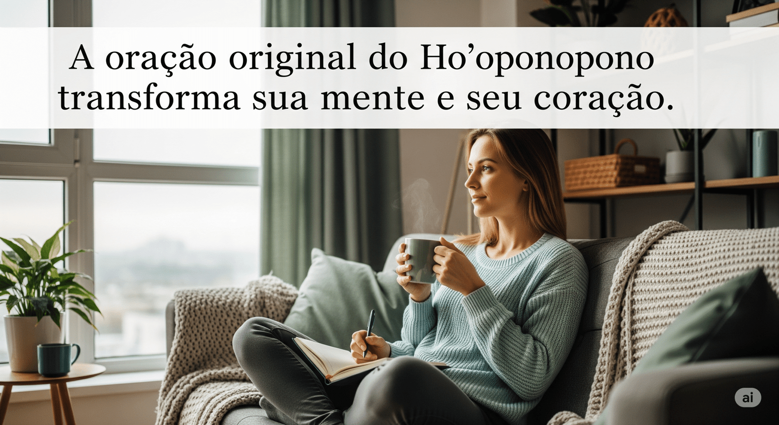 Mulher serena sentada no sofá com um caderno nas mãos, olhando pela janela em um ambiente iluminado e acolhedor. No topo da imagem, a frase “A oração original do Ho'oponopono transforma sua mente e seu coração.”