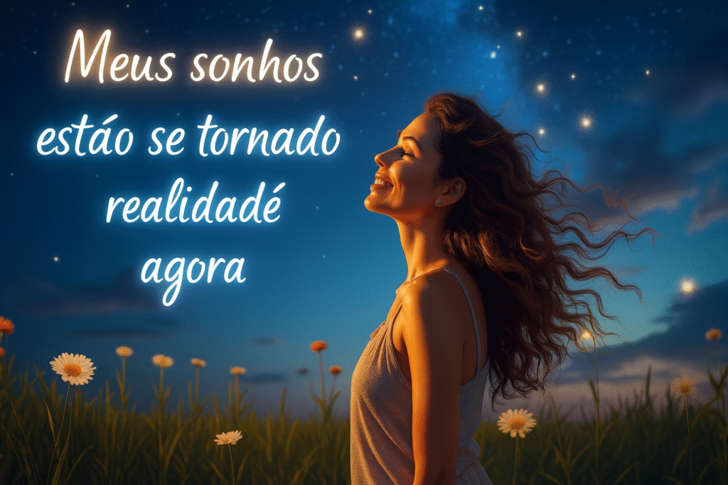 Mulher jovem e serena sorri de olhos fechados em um campo florido ao entardecer, com o céu estrelado ao fundo. O vento sopra seus cabelos ondulados enquanto margaridas florescem ao seu redor. A cena transmite paz, realização e conexão com a natureza. Texto em destaque na imagem diz: "Meus sonhos estão se tornando realidade agora